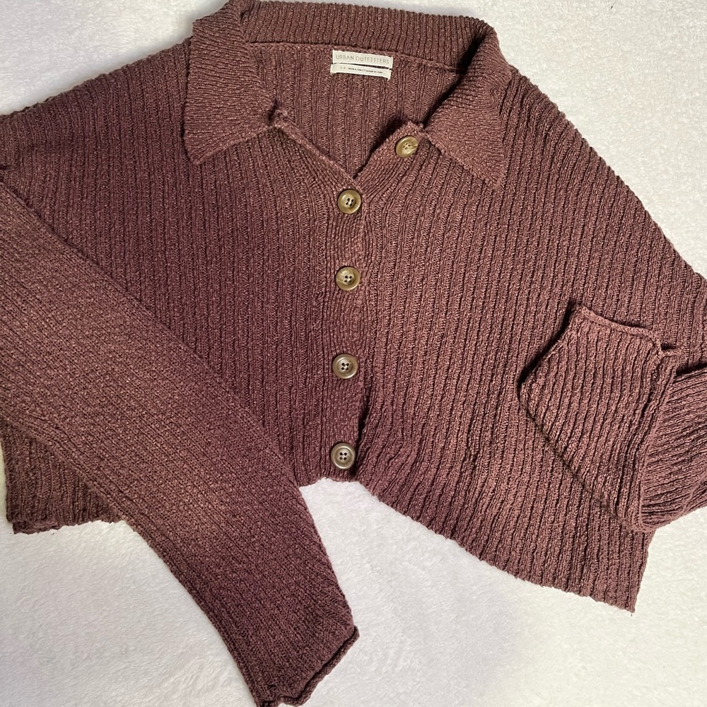Urban Outfitters Cropped Rib-Knit Button Cardigan in Plum Brown